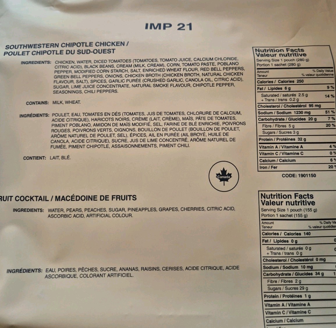 MRE EPA Kanada Ration Div. Menüs IMP 20 21 EXP 23 24 Selten 