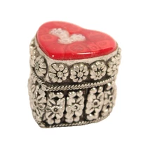 Heart Shaped Trinket Box with Enamel Top 1 Inch Diameter Vintage