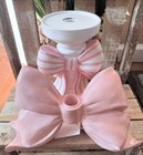 NEW White Pink Striped Candle Holder Stick Pillar 7” And Pink Bow Candle Holder