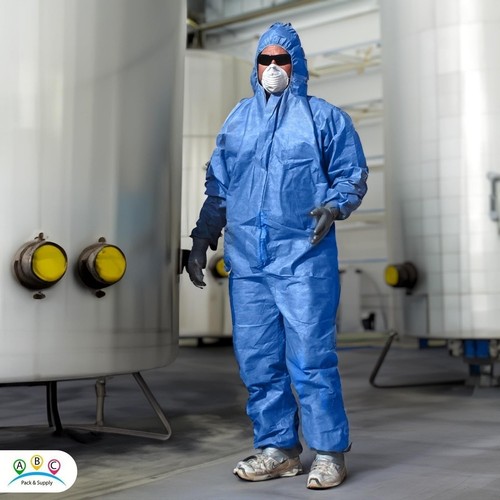 Blue Disposable Coveralls with Hood Large, Painters Suit, Elastic Cuffs & Ankles - Picture 7 of 9