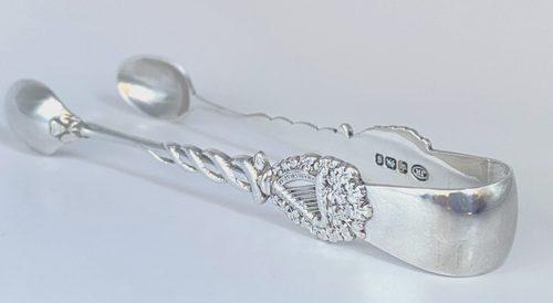 Antique 1899 Irish Themed Silver Sugar Tongs Harp Shamrocks Entwined Serpents