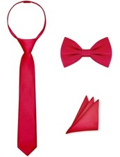 Pre-Tied Boys Set: Necktie, Bow Tie, Pocket Square  Adjustable Zipper Tie 