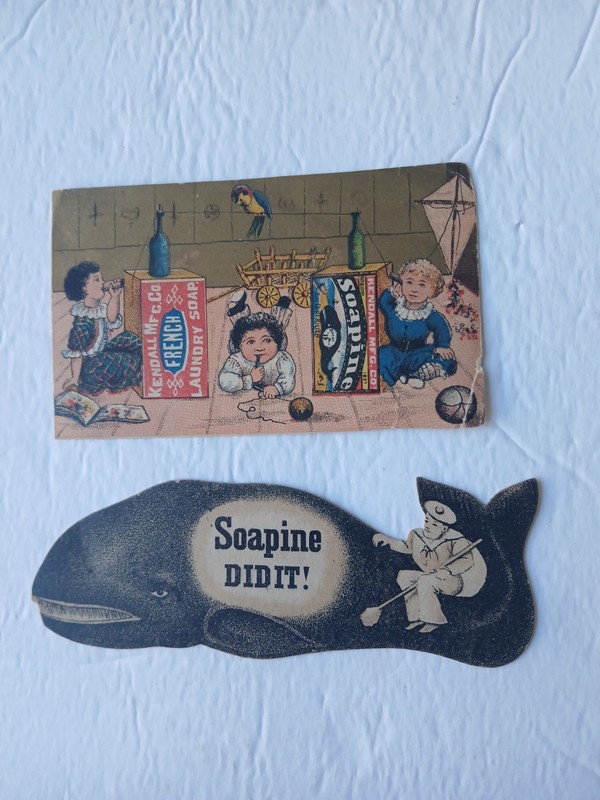 Early 1900s Vintage Pair DIE-CUT SOAPINE Trade Card Whale & Kids with a Toy Top