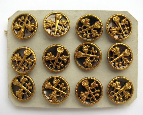 Antique Victorian Era Metal BUTTONS 12 Matching Horn Flower Leaves Fruit