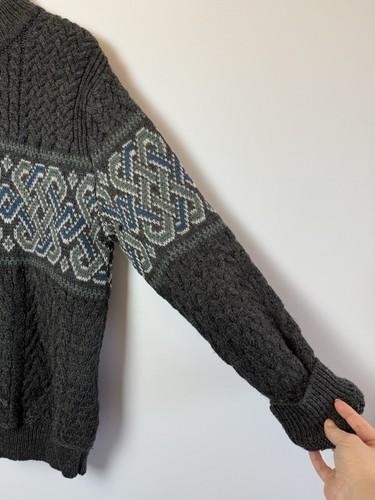 Maglione Aran Crafts uomo XL grigio lana merino maglia cavo quarto zip Irlanda - Foto 8 di 11