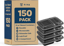 TIYA Food Containers - 32 Oz Bulk 150 Pack with Lids - Plastic Compartment To-Go