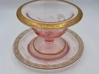GORGEOUS Vintage Etched Gold & Pink Depression Glass Pedestal Bowl w/Underplate