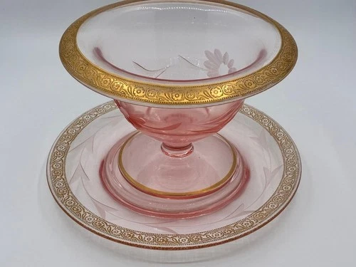 GORGEOUS Vintage Etched Gold & Pink Depression Glass Pedestal Bowl w/Underplate