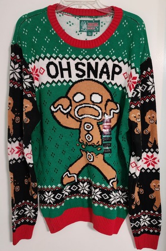 UGLY CHRISTMAS SWEATER OH SNAP GINGERBREAD MAN CANDY CANE CRUTCH MENS WOMENS XL - Picture 1 of 5
