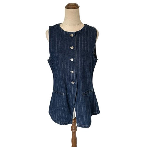 Ode Sz Large Lidia Pinstripe Blue Denim Longline Vest Tailored Work Business 90s