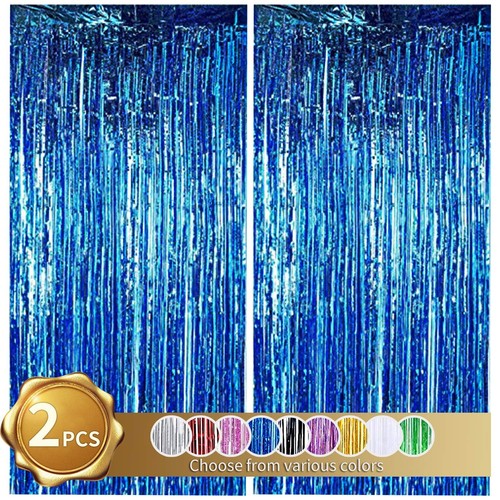 2 Pcs Blue Door Streamers Tinsel Curtain Party Backdrop Fringe Foil Wall Back...