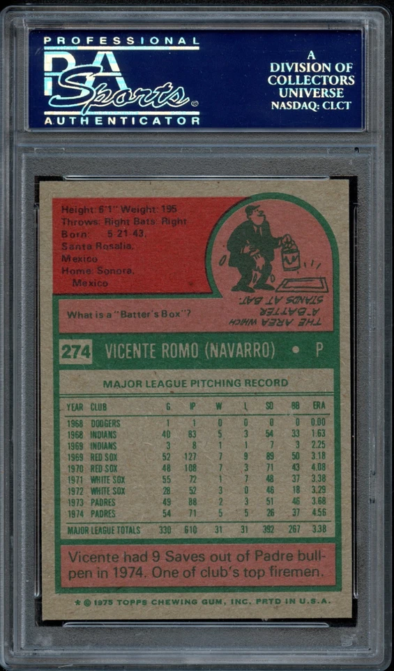 BB - 1975 Topps - #274 - Vicente Romo - PSA 9 - MINT - Image 2 of 2