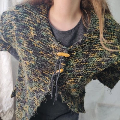 VTG Eve Paris Cardigan Women’s L/XL Green Shaggy Knit Yellow Boho Fairygrunge - Image 1 of 4