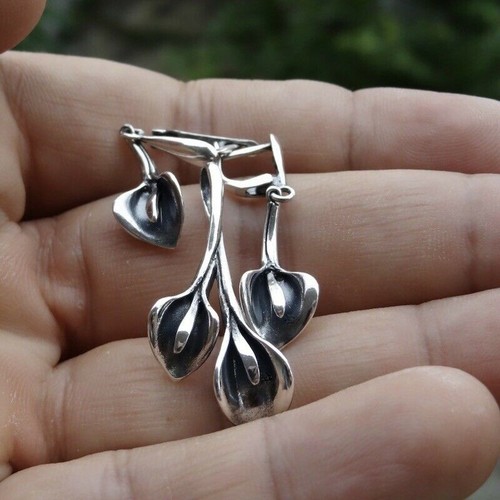 Argento Sterling 92 Calla Lily Set Orecchini Pendenti Design Fiore Gioielli... - Foto 4 di 9