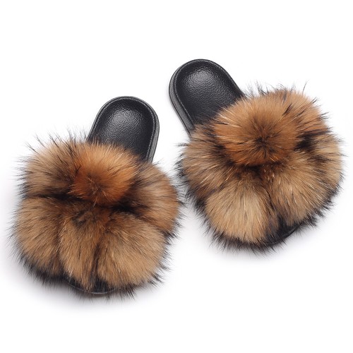 Real Farm Fox Racc00n Fur Slippers Pom Pom Slides Flip Flops Women's Sandals D9 - Picture 15 of 15