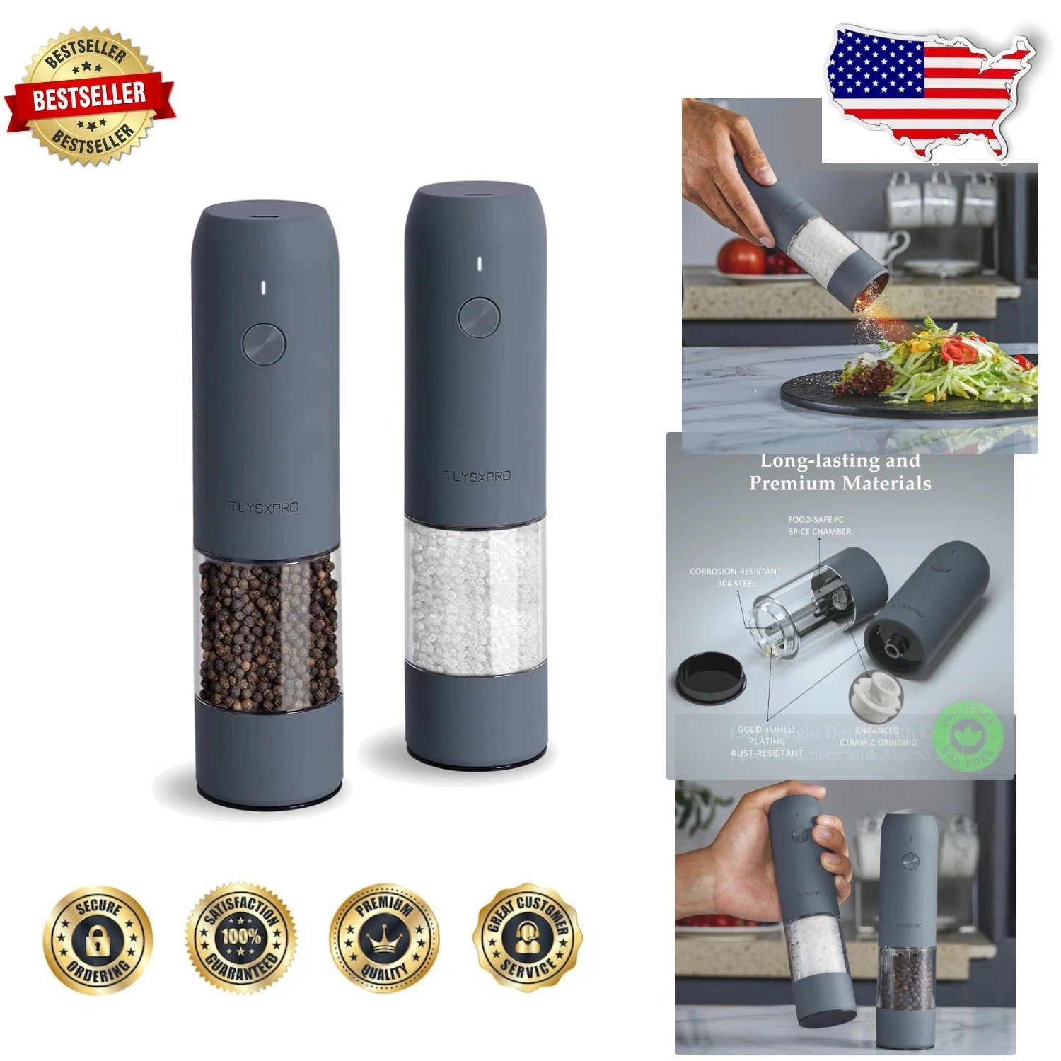 Electric Salt Pepper Grinders USB Rechargeable 2 Pack Blue-Grey