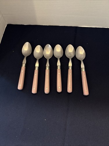 Vintage Lot Of 6 Lifetime Riveted Stainless Flatware Pink Handle Table Spoon