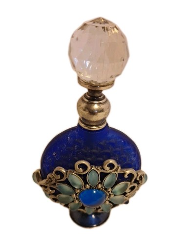 Botella de perfume de vidrio cobalto Welforth ~ flor de filigrana y piedra ~ tapa de cristal ~ regalo - Imagen 1 de 4