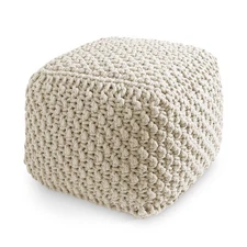 Square Cotton Pouf Ottoman, Natural - 18.5 x 18.5 x 14.5 Knit Foot Stool Pouffe