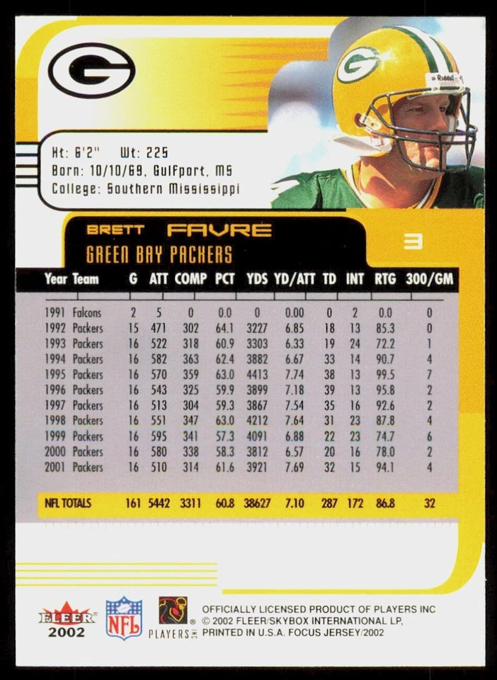 2002 Fleer Focus Jersey Edition Brett Favre Green Bay Packers #3 - Image 2 of 2