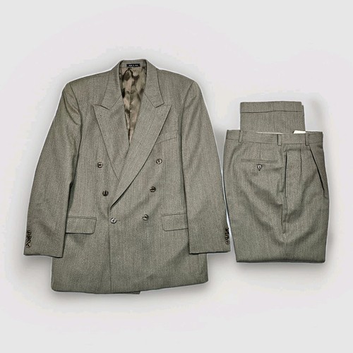 Vtg Joseph Abboud Suit Men 39R Double Breasted Peak Lapel Pant 32x30 Herringbone