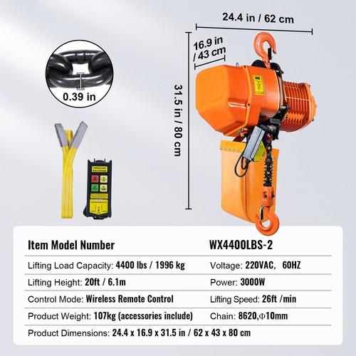 Electric Chain Hoist Three Phase Crane Hoist 4400 lb 2 ton Load 20 ft Lift - Picture 7 of 12