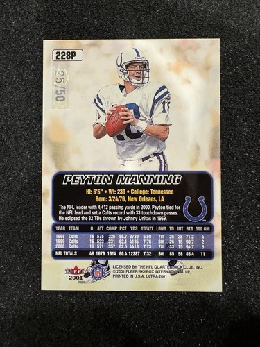 2001 Fleer Ultra - Peyton Manning #228P Medaglione di platino /50 - Foto 2 di 2