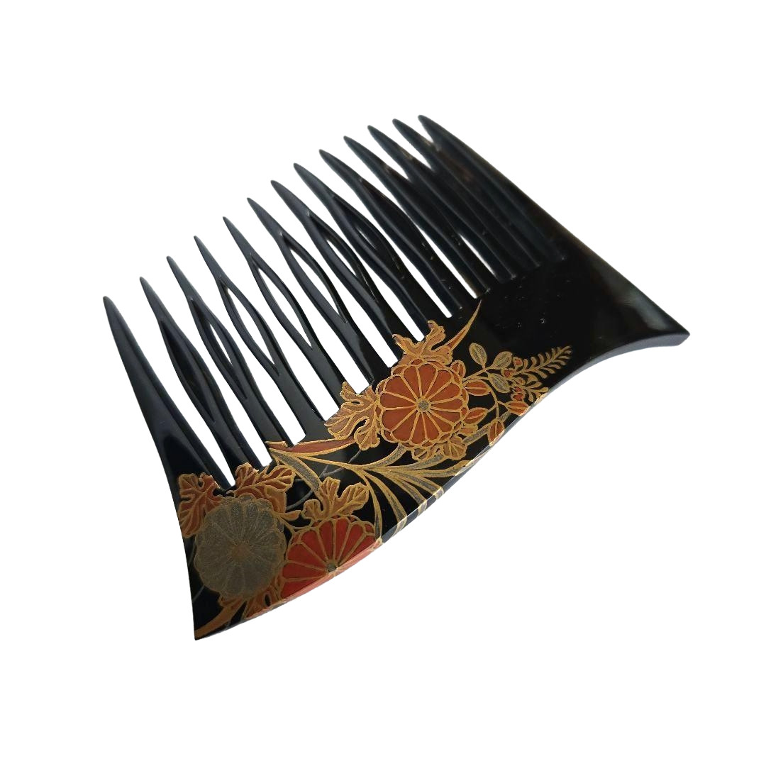 Antiguo peine de carey horquilla oro Maki-e negro para mujeres japonesas