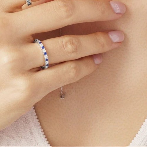 0.60 Ct Lab Created Blue Sapphire & Diamond Band Ring Round Cut 950 Platinum - Picture 5 of 10