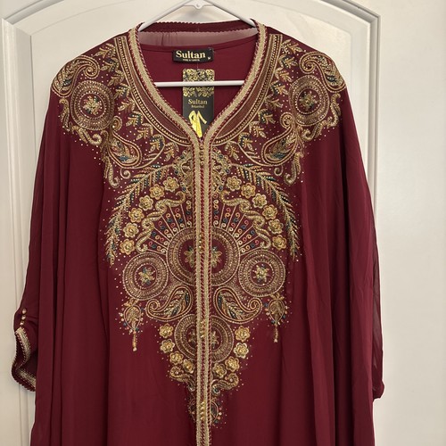 Vestido largo SULTAN Istanbul granate bordado dorado estampado liso para mujer NUEVO - Imagen 3 de 3