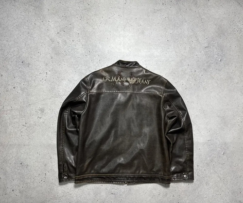 Armani Jeans Vintage Leather Jacket Big Logo Brown - Picture 12 of 13