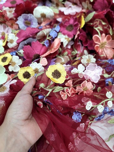 3d Multicolor Lace Fabric By The Yard Embroidery Floral Flowers On Burgundy Mesh - Picture 7 of 11