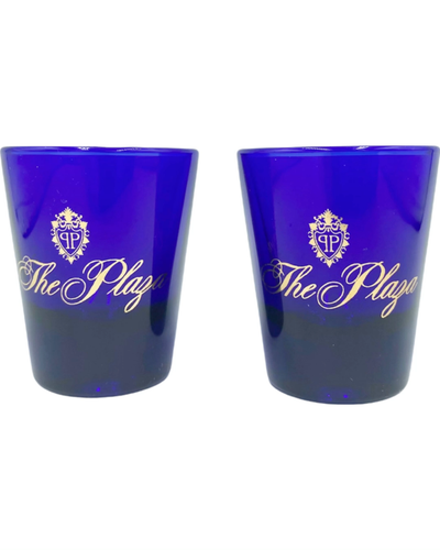 Pair Vintage The Plaza Hotel NYC Cobalt Blue Shot Glasses