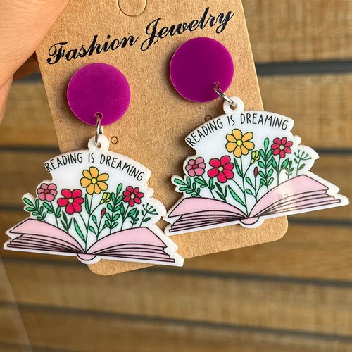 Rainbow Acrylic Stacked Book Floral Student Teacher Earrings Back to School Gift - Picture 7 of 9