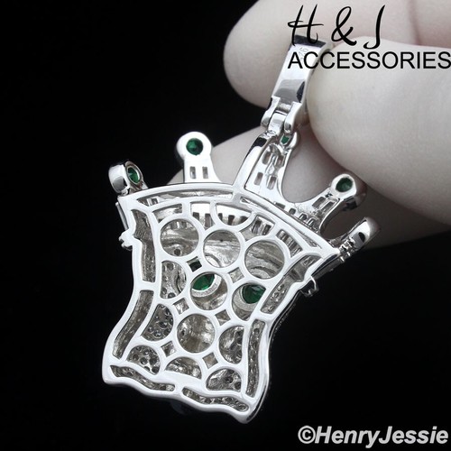 MEN SOLID 925 STERLING SILVER ICY BLING GREEN CZ 3D SKULL KING CROWN PENDANT*457 - Picture 4 of 5
