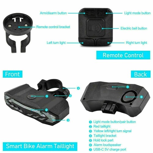 Smart LED Bike Turn Signal Tail Light USB Rechargeable Remote Control 6 Modes ×5 - Picture 11 of 12