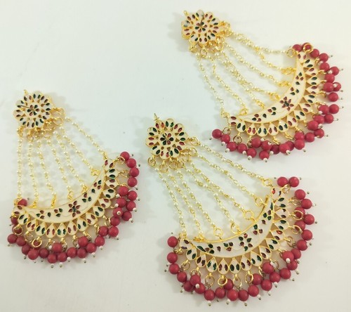 Weinrot Grün Blau Kundan Vergoldet Jhoomar Ohrringe Tikka Set Indianerschmuck - Bild 17 von 21