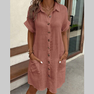 *US Inventory* Summer Short Sleeve Shirt Dress Fashion Solid Color Mid-length Lo - Picture 5 of 12