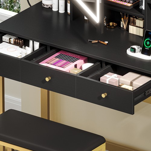 Mesa de tocador de 3 cajones con espejo de toma de corriente para dormitorio maquillaje escritorio de vestir - Imagen 9 de 12