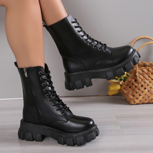 Halbhohe Damenschuhe Plateau-Schnürstiefel mit Reißverschluss US-Größe 8 runde Spitze bequem - Bild 10 von 13