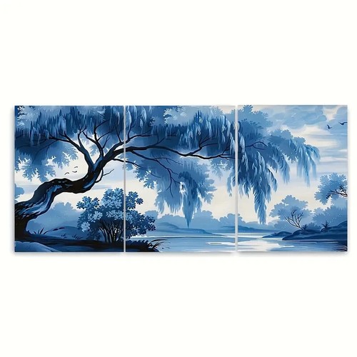 3pcs Monochrome Blue River Willow Tree Metal Print Ready to Hang Art - Picture 2 of 8