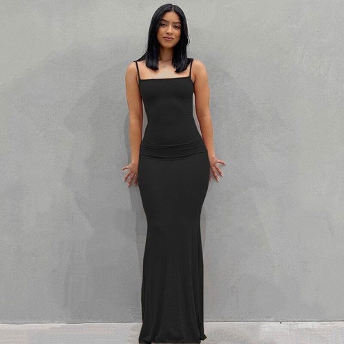 Dama Sexy Correa Negro Desnatado Vestido Largo Sin Mangas Ajustado Bodycon Espalda Sin Halter - Imagen 7 de 31