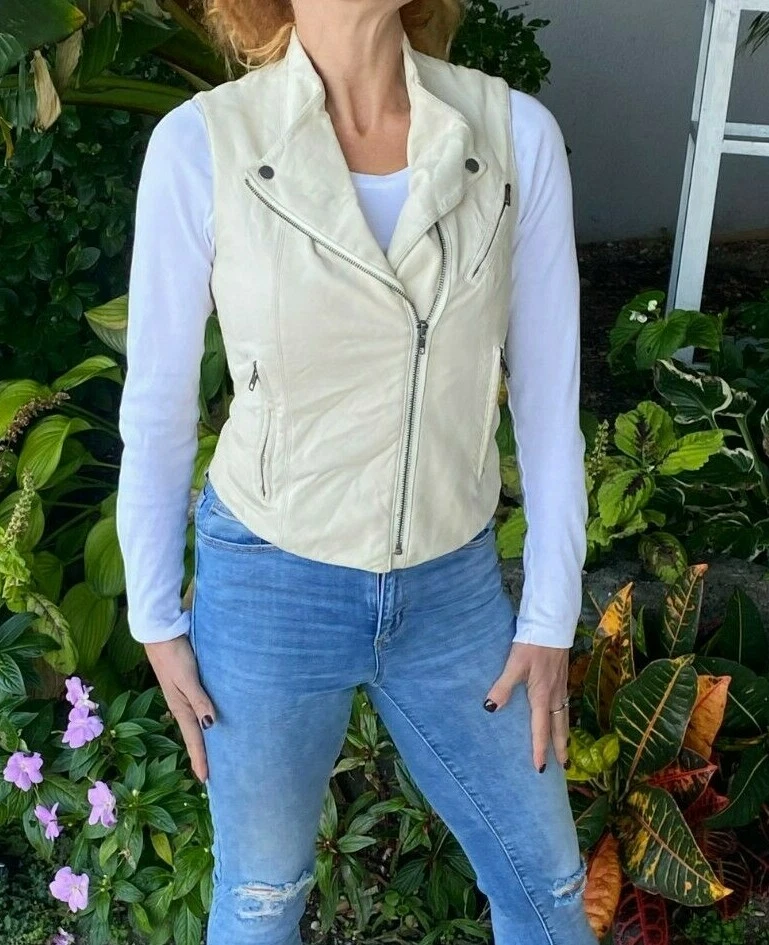 MUJER TEORÍA ZIDA MANTEQUILLA CORDERO CUERO HUESO BEIGE MOTO CHALECO CREMALLERAS $845 P Foto 4 de 4
