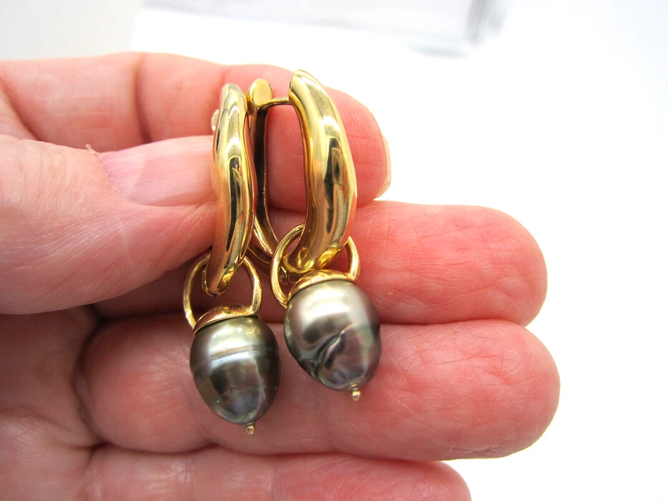 Pendientes colgantes de 17,3 gramos de oro amarillo de 14k vintage de perlas grises Foto 3 de 4