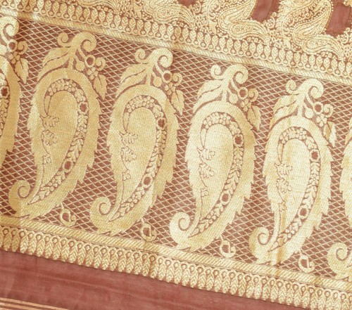 Sushila Vintage Brown Scrap Dupatta Zari Brocade Art Silk Paisley Long Stole - Picture 5 of 13