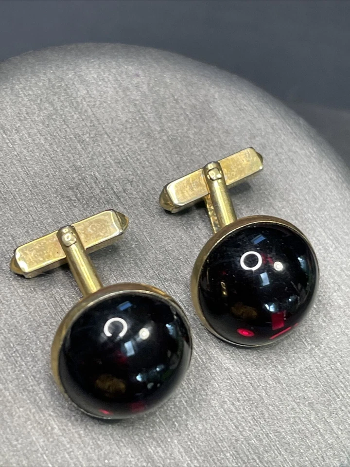 Men’s Cufflinks Signed Swank Gold Tone Blood Red Glad Domed Style Vintage - Image 3 of 4