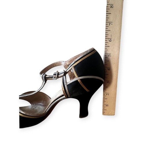 Vintage 30s Saks-Fifth Avenue/Fenton Footwear Black Satin/Metallic T-Strap Pumps - Picture 13 of 15