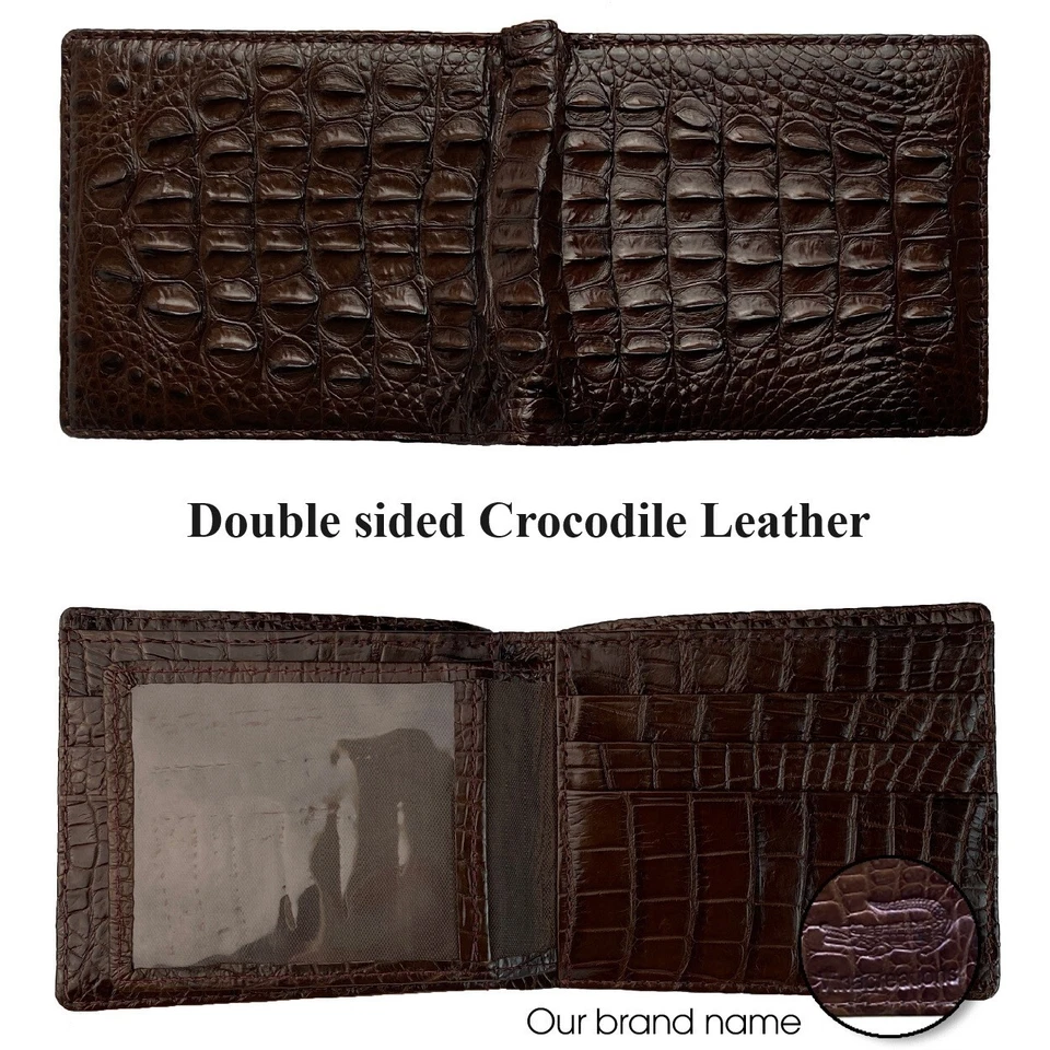 Cartera plegable de cuero marrón de cocodrilo para hombre billetera billetera bloque RFID Foto 2 de 4