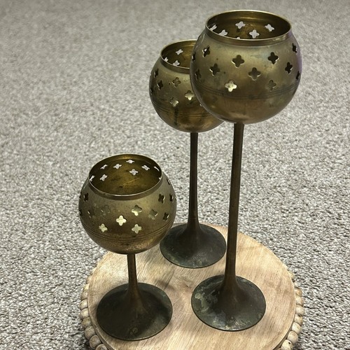 Brass Candle Holders Set Of 3 Celestial Tiered Chalice Ball Globes Graduated - Picture 7 of 12