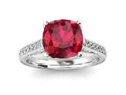 3Ct Cushion Cut Red Ruby Simulated Engagement Ring 14K White Gold Plated - Picture 2 of 4